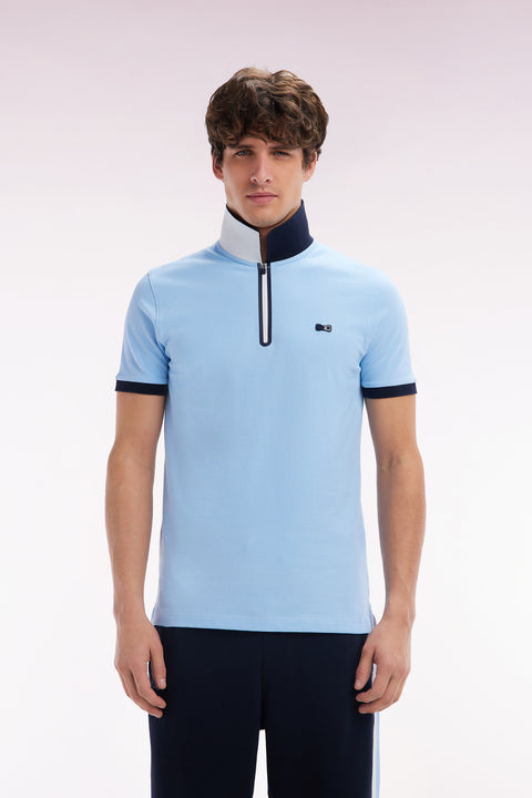 Slim-fit short-sleeved zip-up polo shirt in sky blue stretch cotton - Image 1