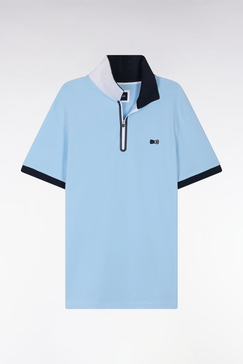 Slim-fit short-sleeved zip-up polo shirt in sky blue stretch cotton - Image 2