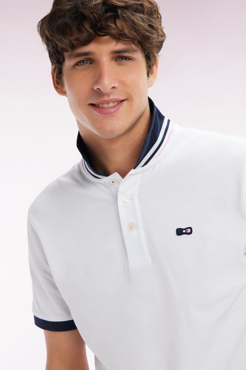 Straight-fit short-sleeved polo shirt in white cotton piqué with tricolor embroidery - Image 3