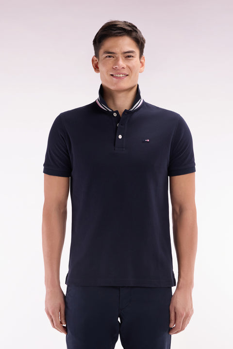 Straight-fit short-sleeved polo shirt in navy cotton piqué with tricolor embroidery - Image 1