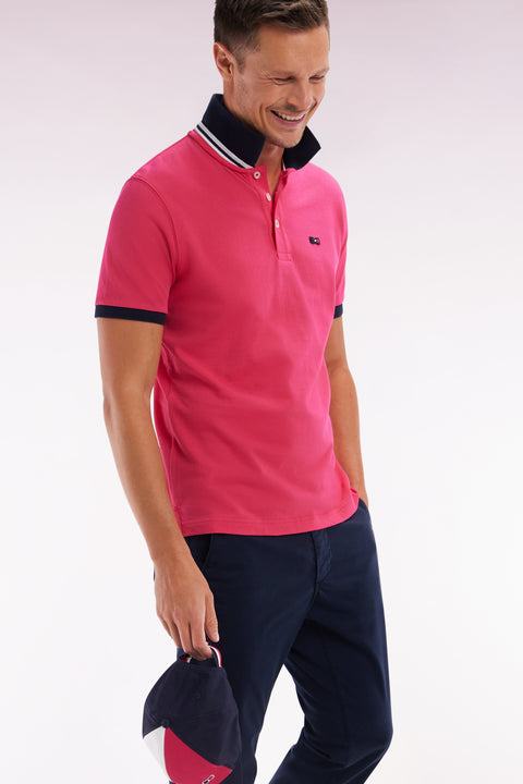 Straight-fit short-sleeved polo shirt in pink cotton piqué with tricolor embroidery - Image 3