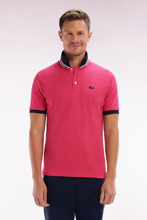 Straight-fit short-sleeved polo shirt in pink cotton piqué with tricolor embroidery - Image 1