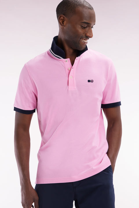 Straight-fit short-sleeved polo shirt in pink cotton piqué with tricolor embroidery - Image 3
