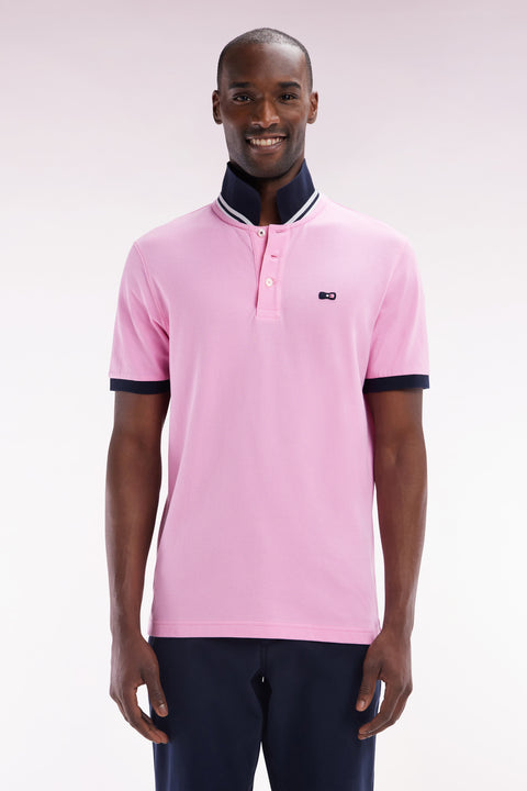 Straight-fit short-sleeved polo shirt in pink cotton piqué with tricolor embroidery - Image 1
