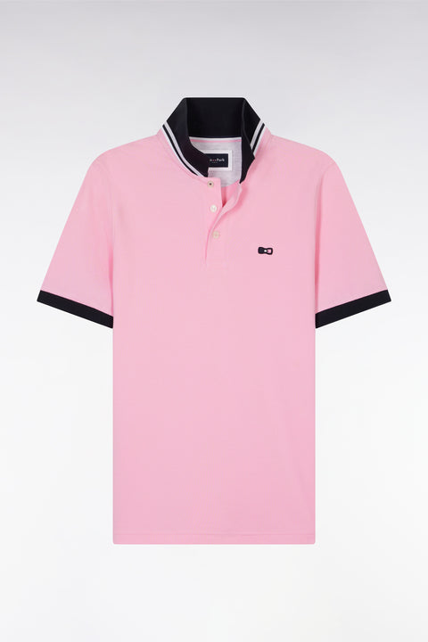 Straight-fit short-sleeved polo shirt in pink cotton piqué with tricolor embroidery - Image 2