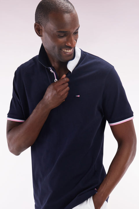 Straight-fit short-sleeved polo shirt in navy cotton with contrasting collar - Image 3