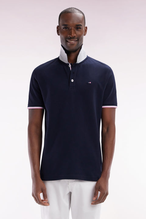 Straight-fit short-sleeved polo shirt in navy cotton with contrasting collar - Image 1