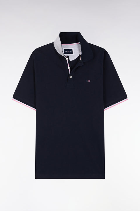 Straight-fit short-sleeved polo shirt in navy cotton with contrasting collar - Image 2
