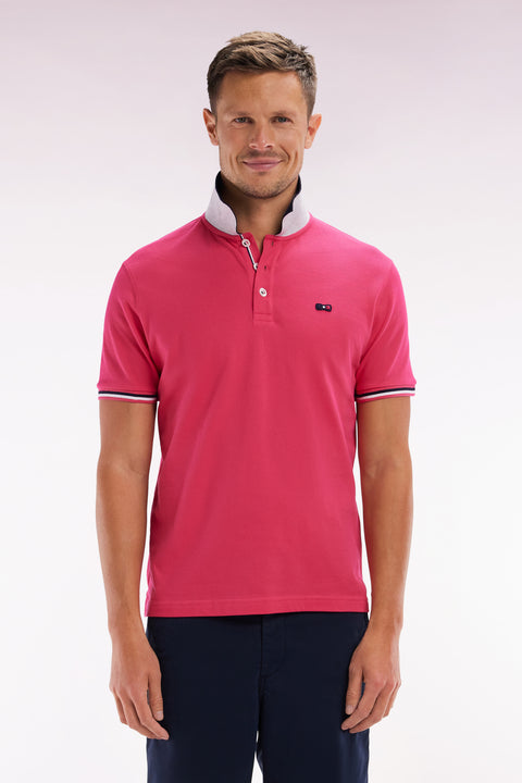 Straight-fit short-sleeved polo shirt in fuchsia cotton with contrasting collar - Image 1