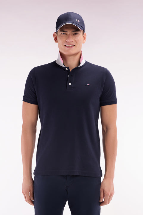 Straight-fit short-sleeved polo shirt in navy cotton with two-tone Eden Park jacquard collar - Image 1