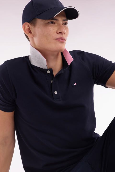 Straight-fit short-sleeved polo shirt in navy cotton with two-tone Eden Park jacquard collar - Image 3