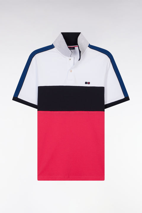 Straight-fit short-sleeved polo shirt in navy white and fuchsia tricolor cotton - Image 2