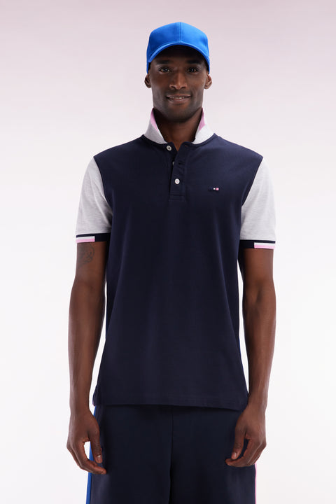 Straight-fit short-sleeved colorblock polo shirt in pink cotton - Image 1