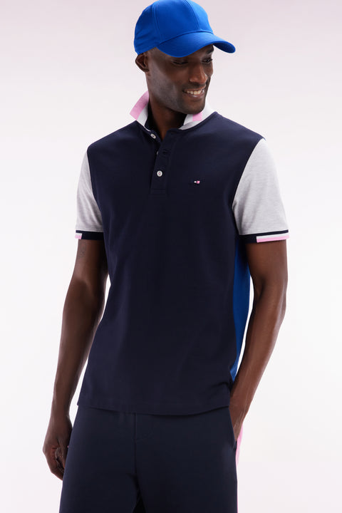 Straight-fit short-sleeved colorblock polo shirt in pink cotton - Image 2
