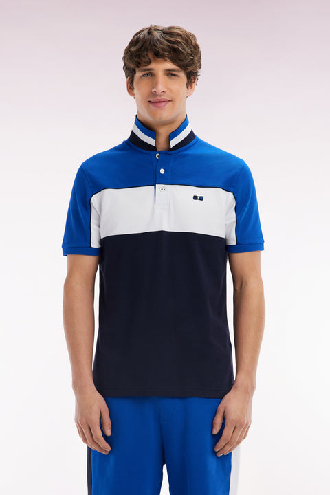 Straight-fit short-sleeved polo shirt in blue tricolor cotton with striped collar - Image 1