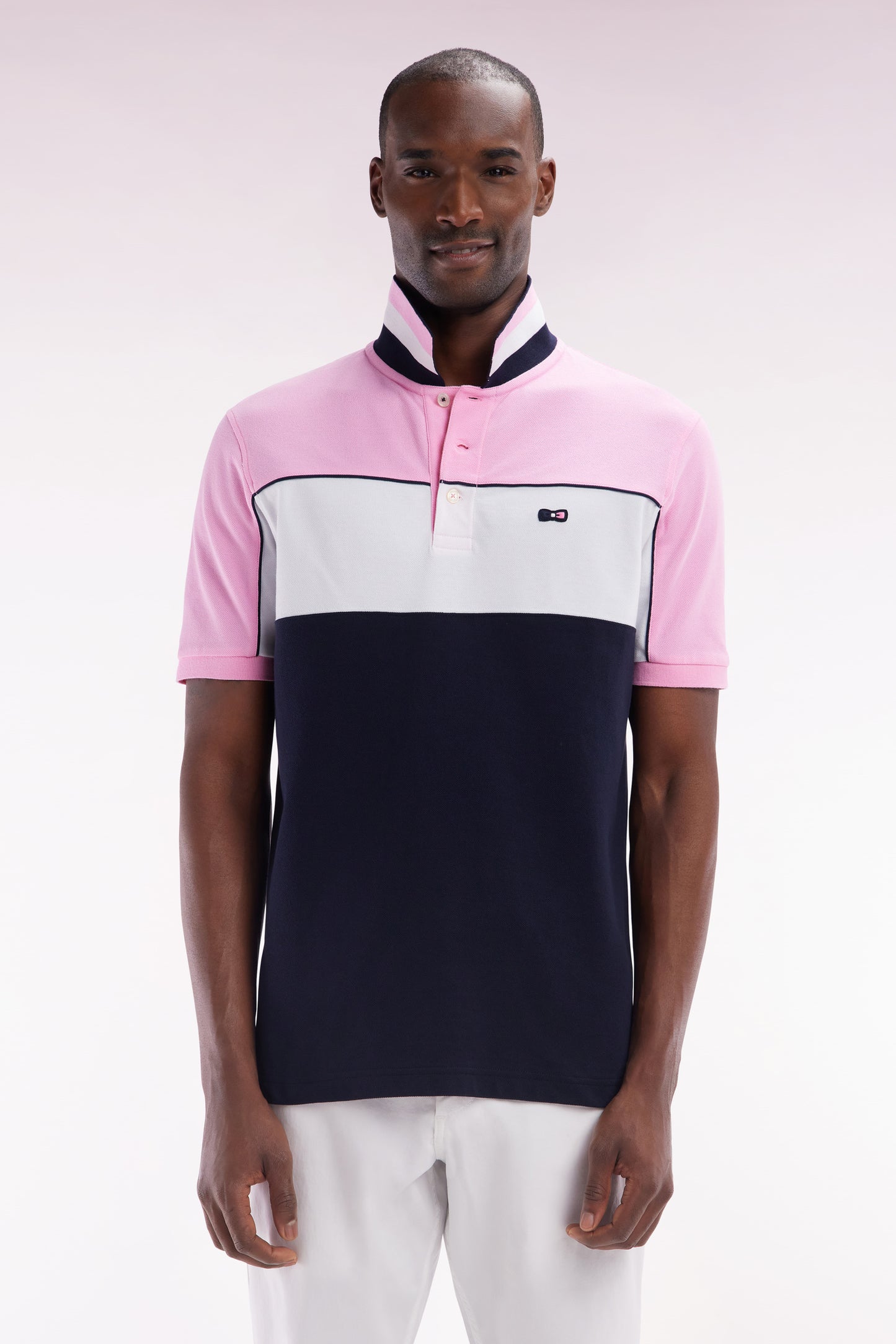 Straight-fit short-sleeved polo shirt in pink tricolor cotton with striped collar