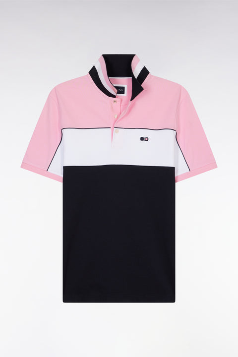 Straight-fit short-sleeved polo shirt in pink tricolor cotton with striped collar - Image 2