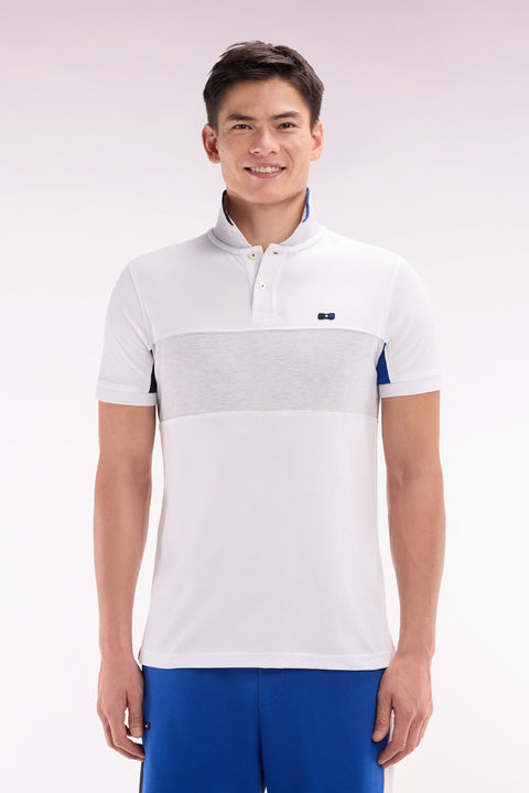 Straight-fit short-sleeved colorblock polo shirt in white cotton with grey and navy details - Image 1