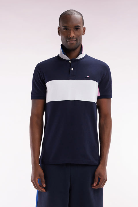 Straight-fit short-sleeved colorblock polo shirt in white cotton with grey and navy details - Image 1