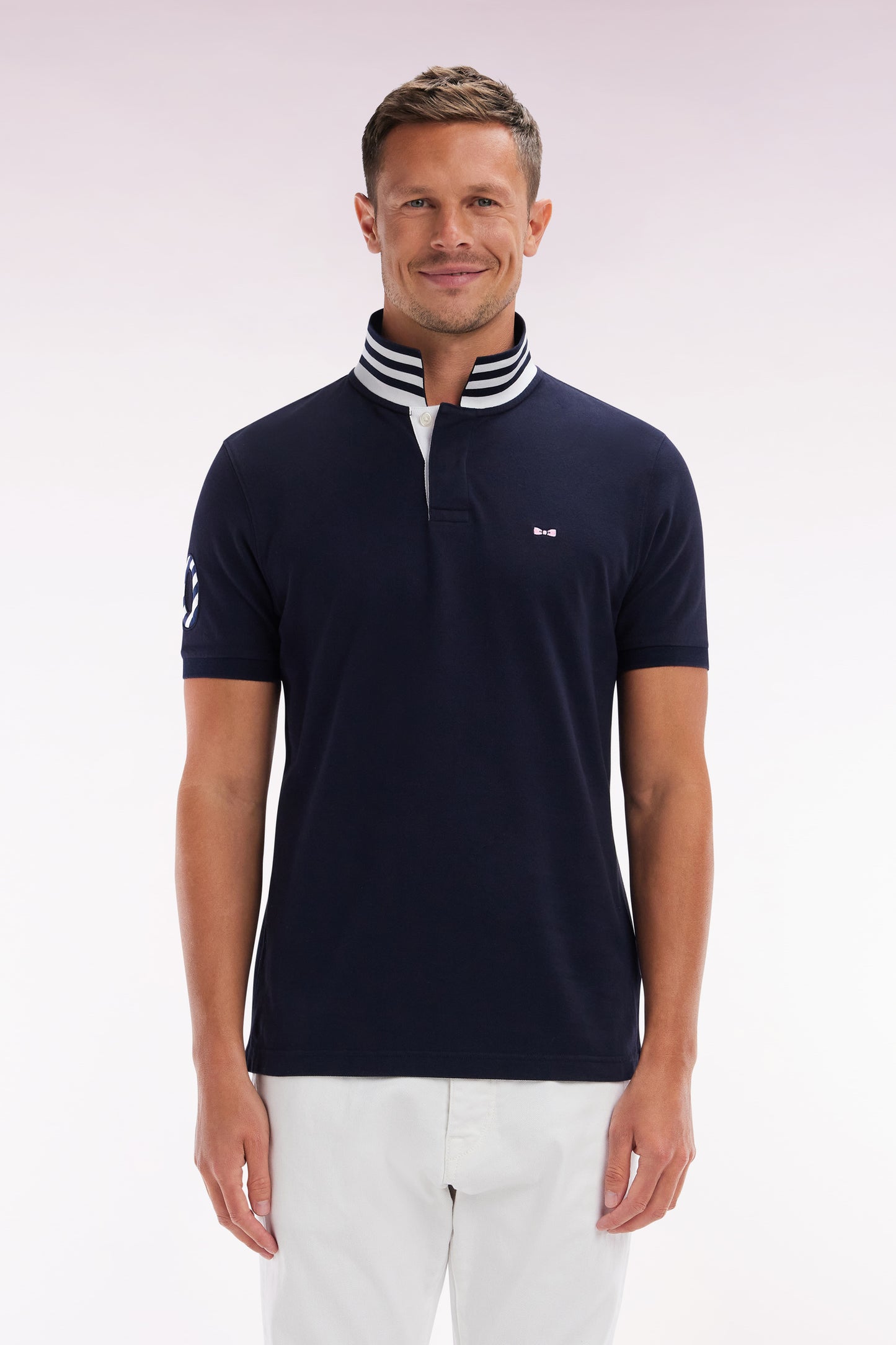 Straight-fit short-sleeved polo shirt in navy cotton piqué with 10 sleeves embroidery