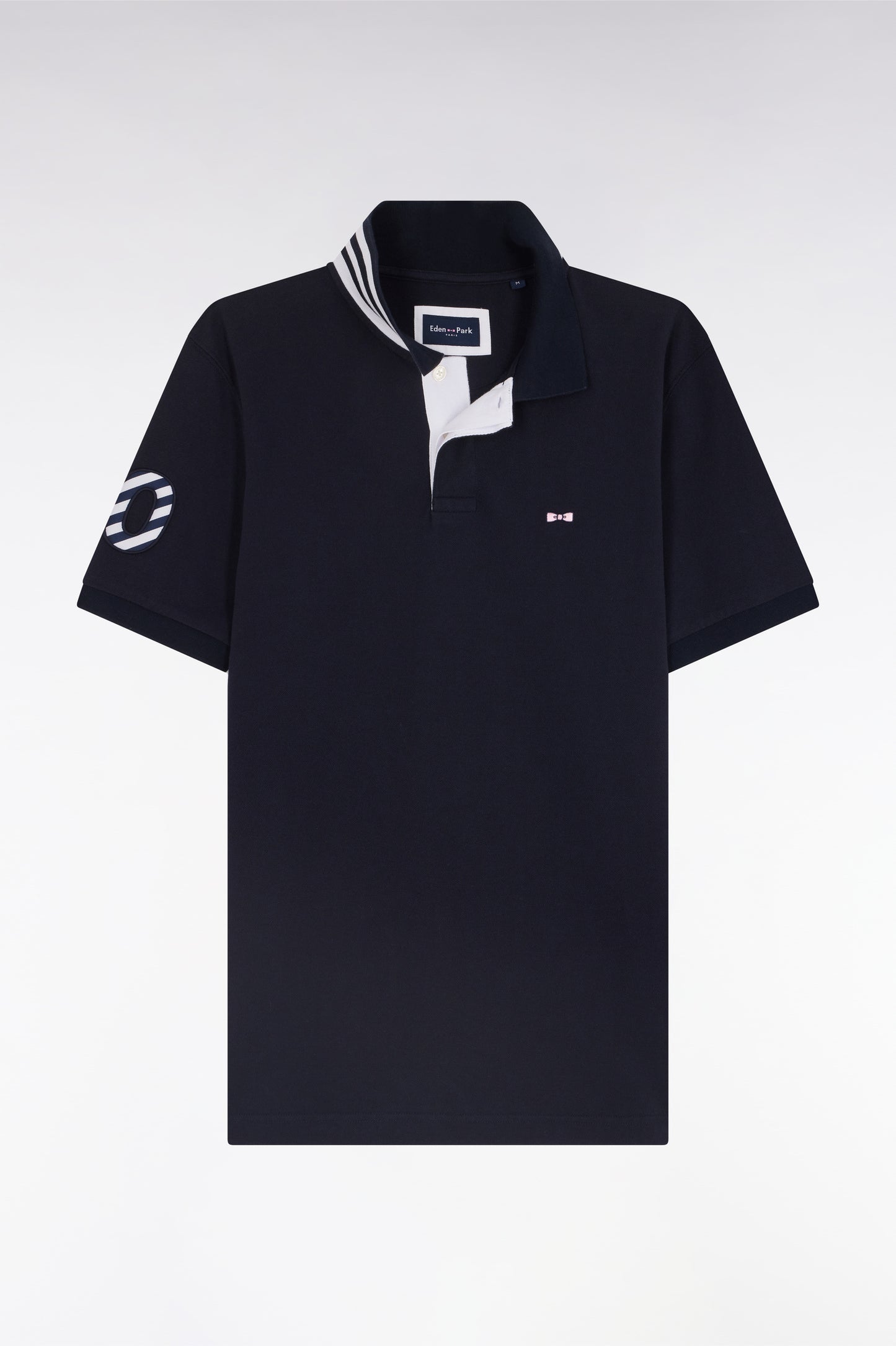 Straight-fit short-sleeved polo shirt in navy cotton piqué with 10 sleeves embroidery