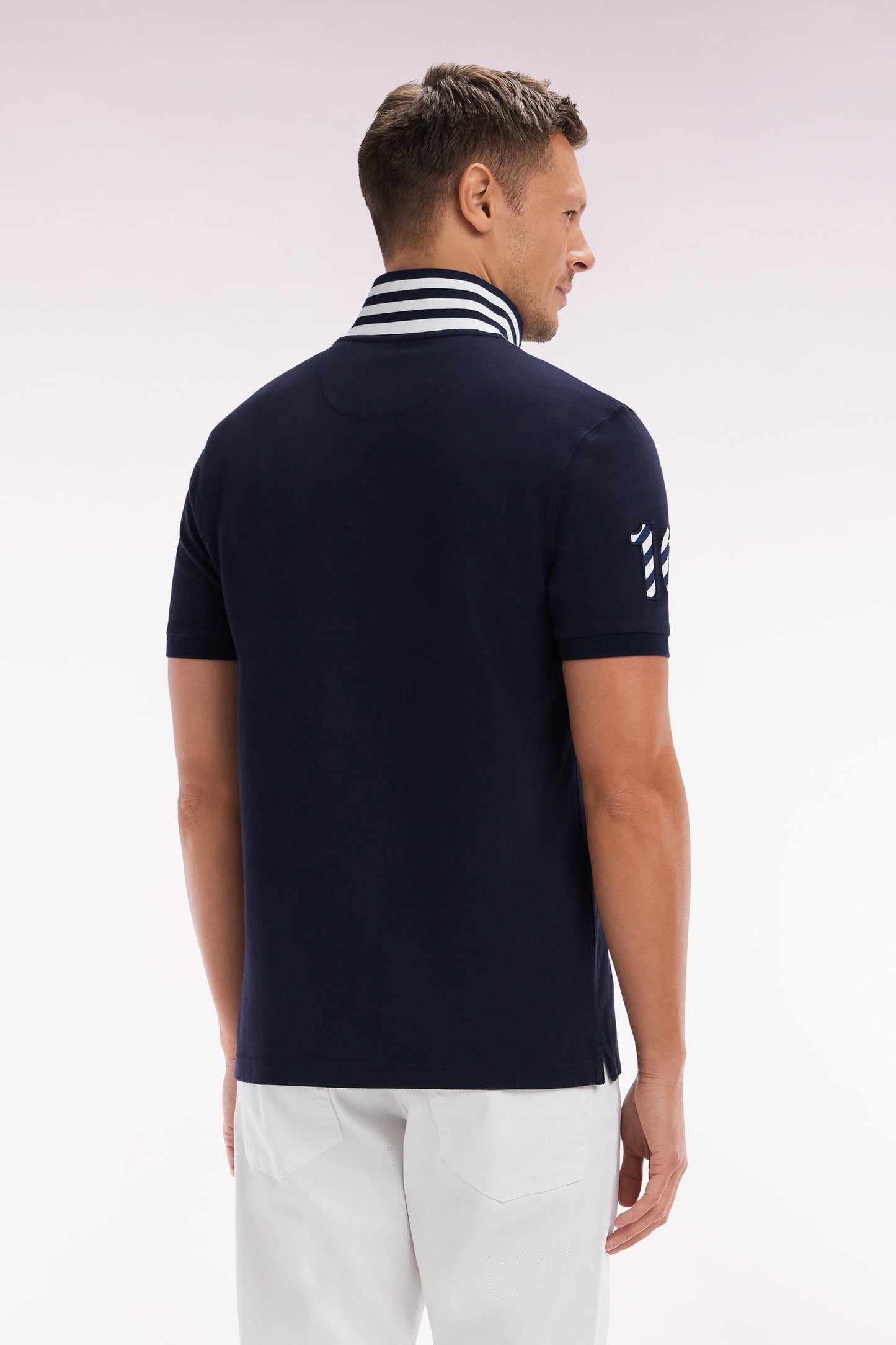 Straight-fit short-sleeved polo shirt in navy cotton piqué with 10 sleeves embroidery