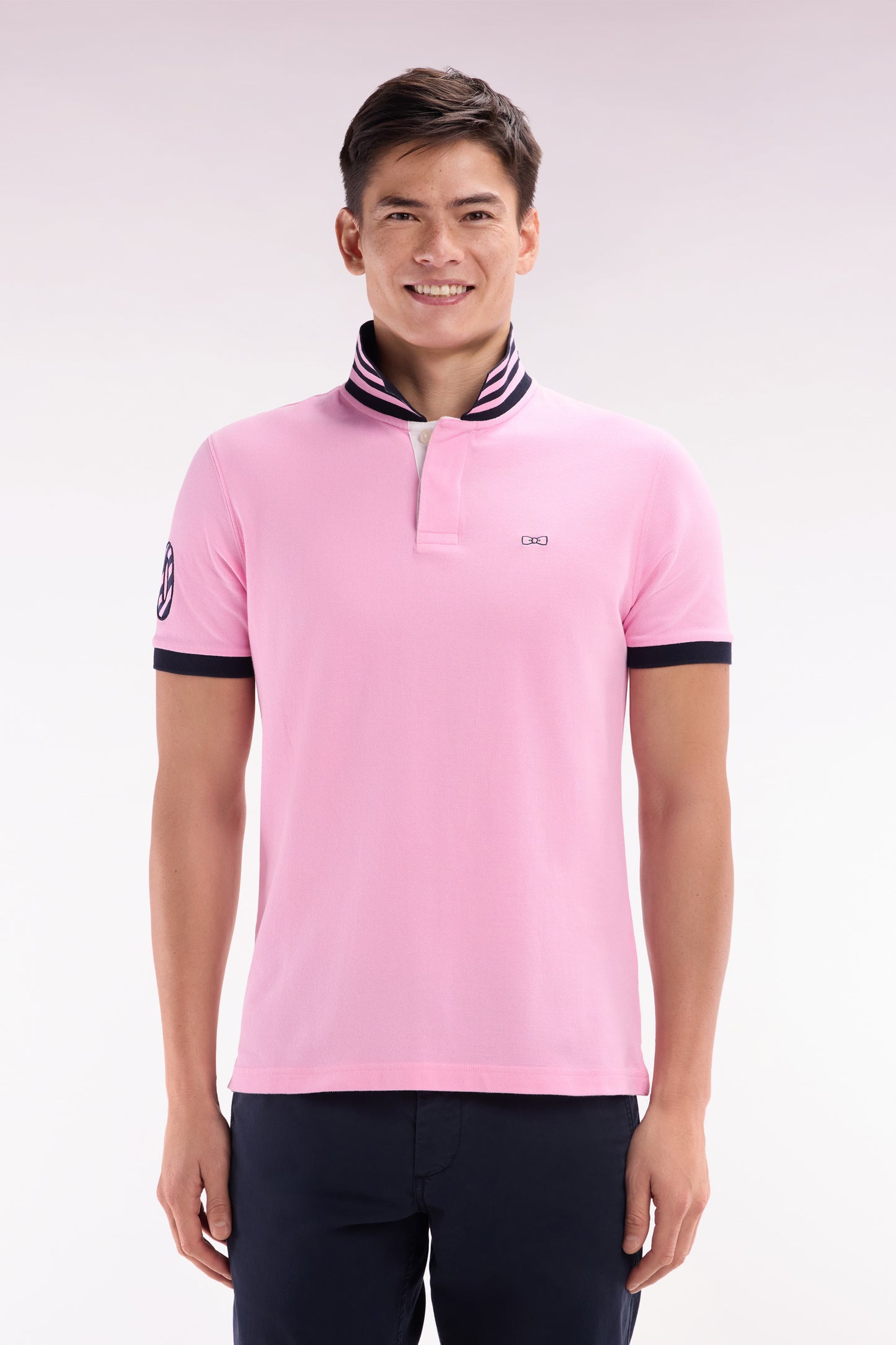 Straight-fit short-sleeved polo shirt in pink cotton piqué with 10 sleeves embroidery