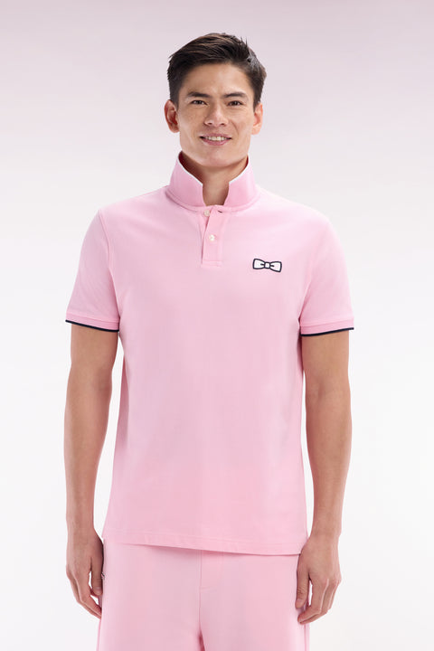 Relaxed-fit short-sleeved polo shirt in pink cotton with tone-on-tone embroidery - Image 1