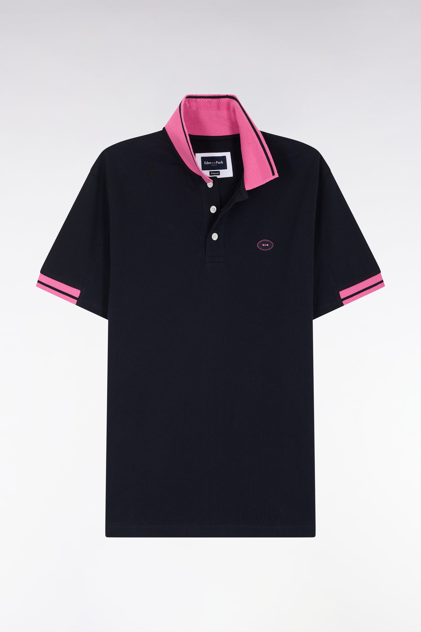 Relaxed-fit short-sleeved polo shirt in pink cotton with colorful accents