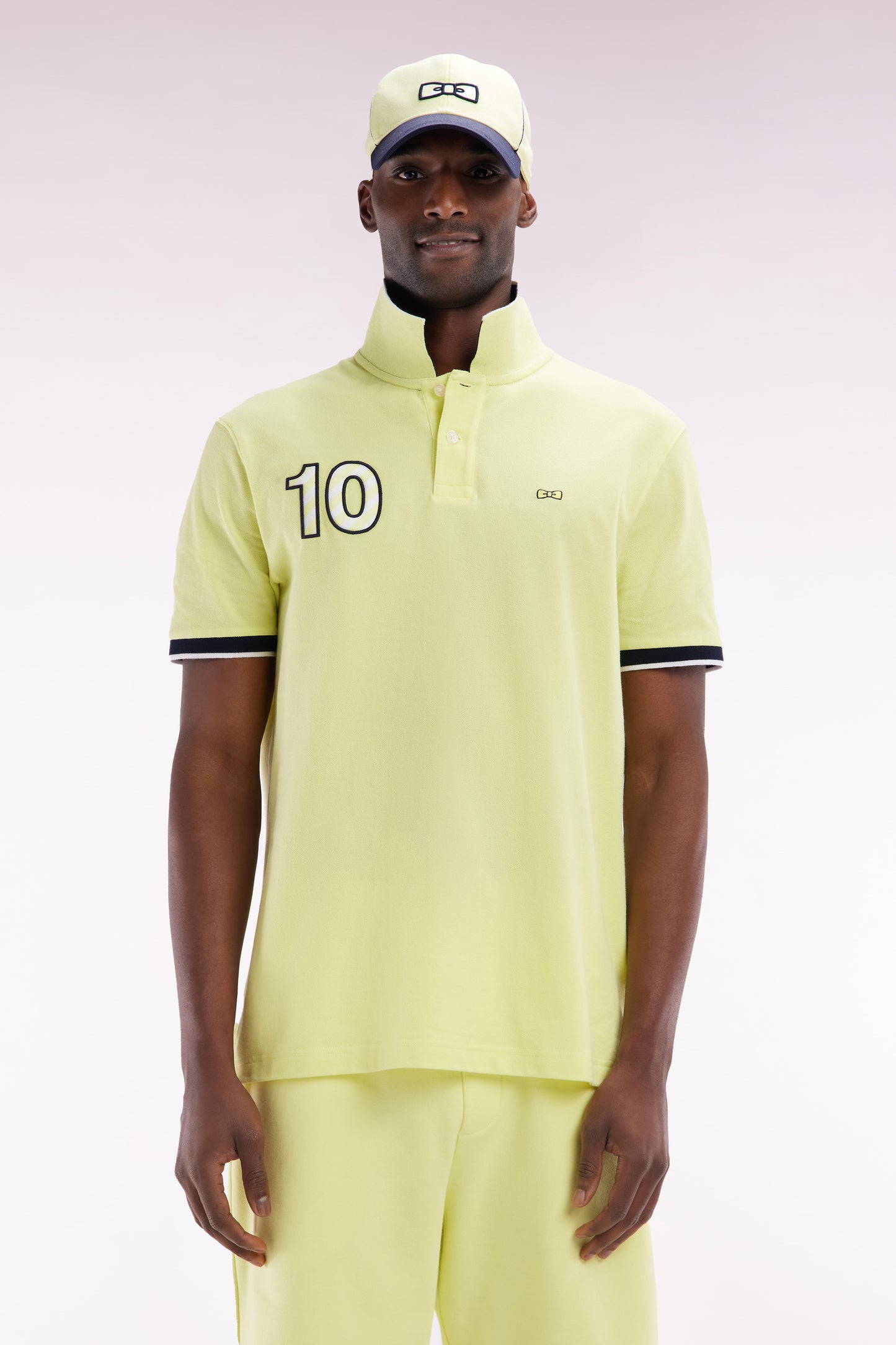 Relaxed-fit short-sleeved polo shirt in yellow cotton with 10 embroidery