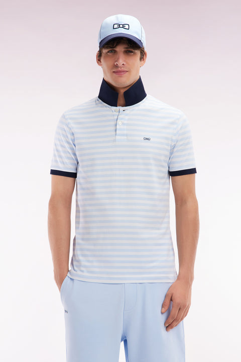 Slim-fit short-sleeved sailor polo shirt in sky blue striped stretch cotton - Image 1