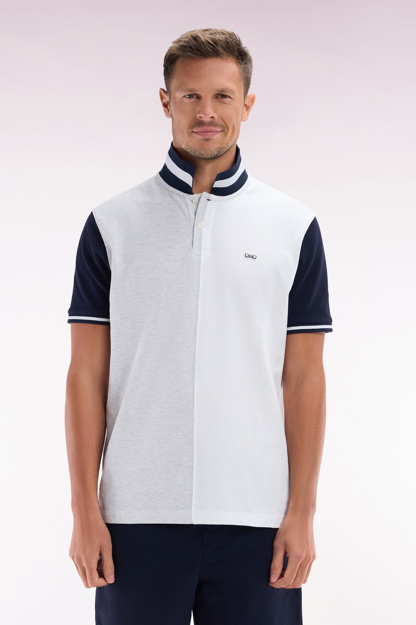 Relaxed-fit two-tone grey and white short-sleeved cotton polo shirt