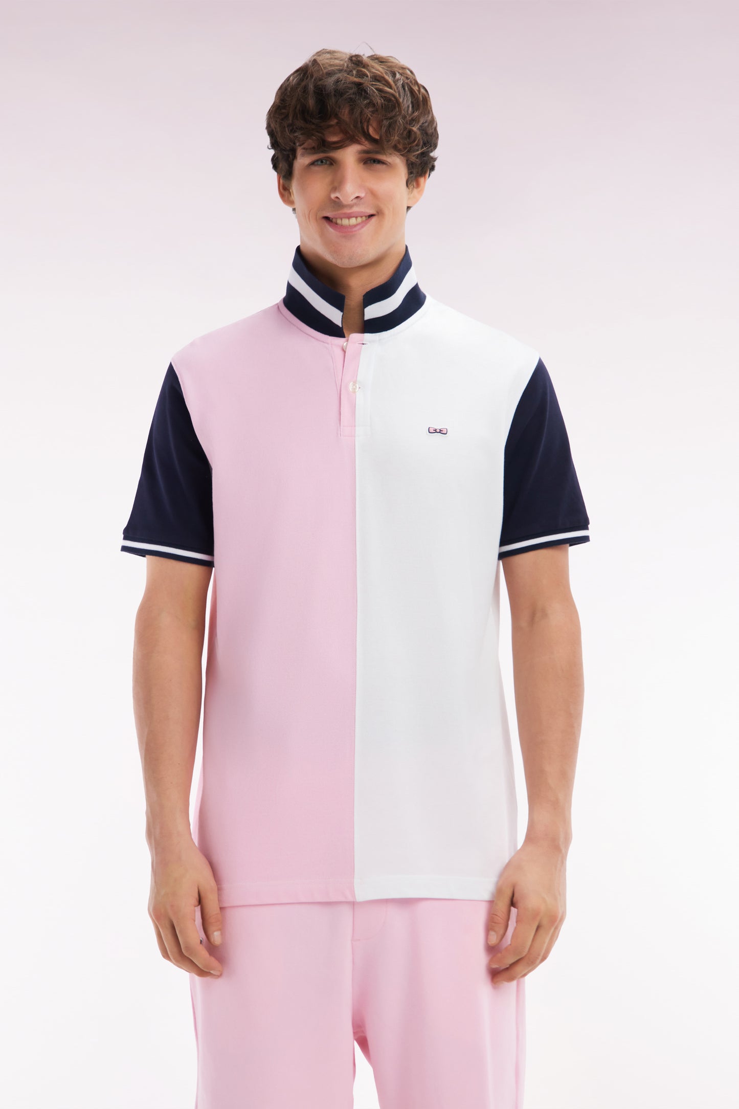 Relaxed-fit two-tone pink and white short-sleeved cotton polo shirt