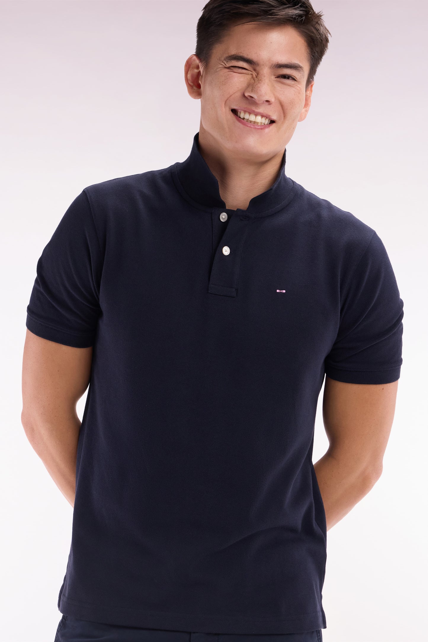 Straight-fit short-sleeved polo shirt in navy Pima cotton