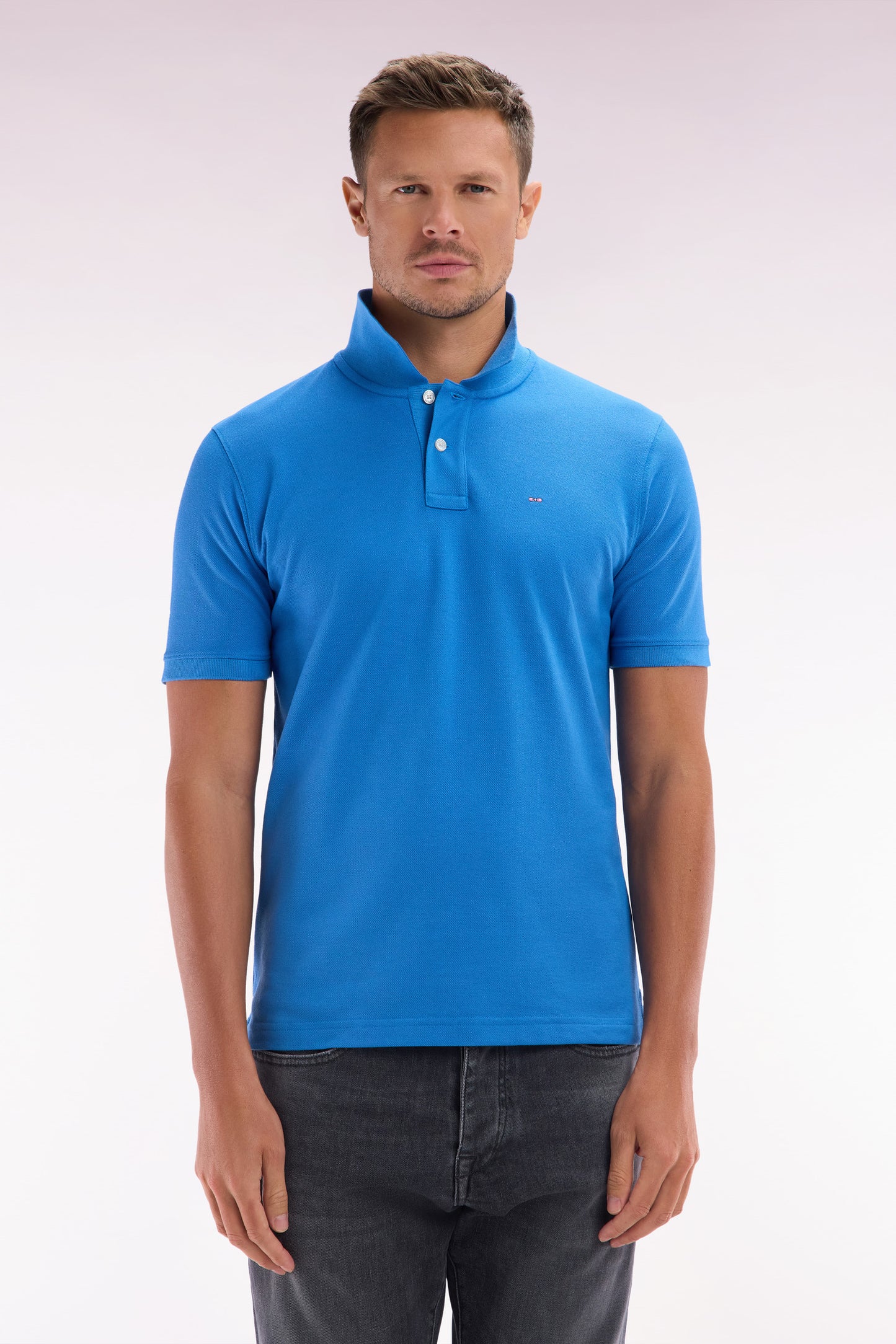 Straight-fit short-sleeved polo shirt in blue Pima cotton