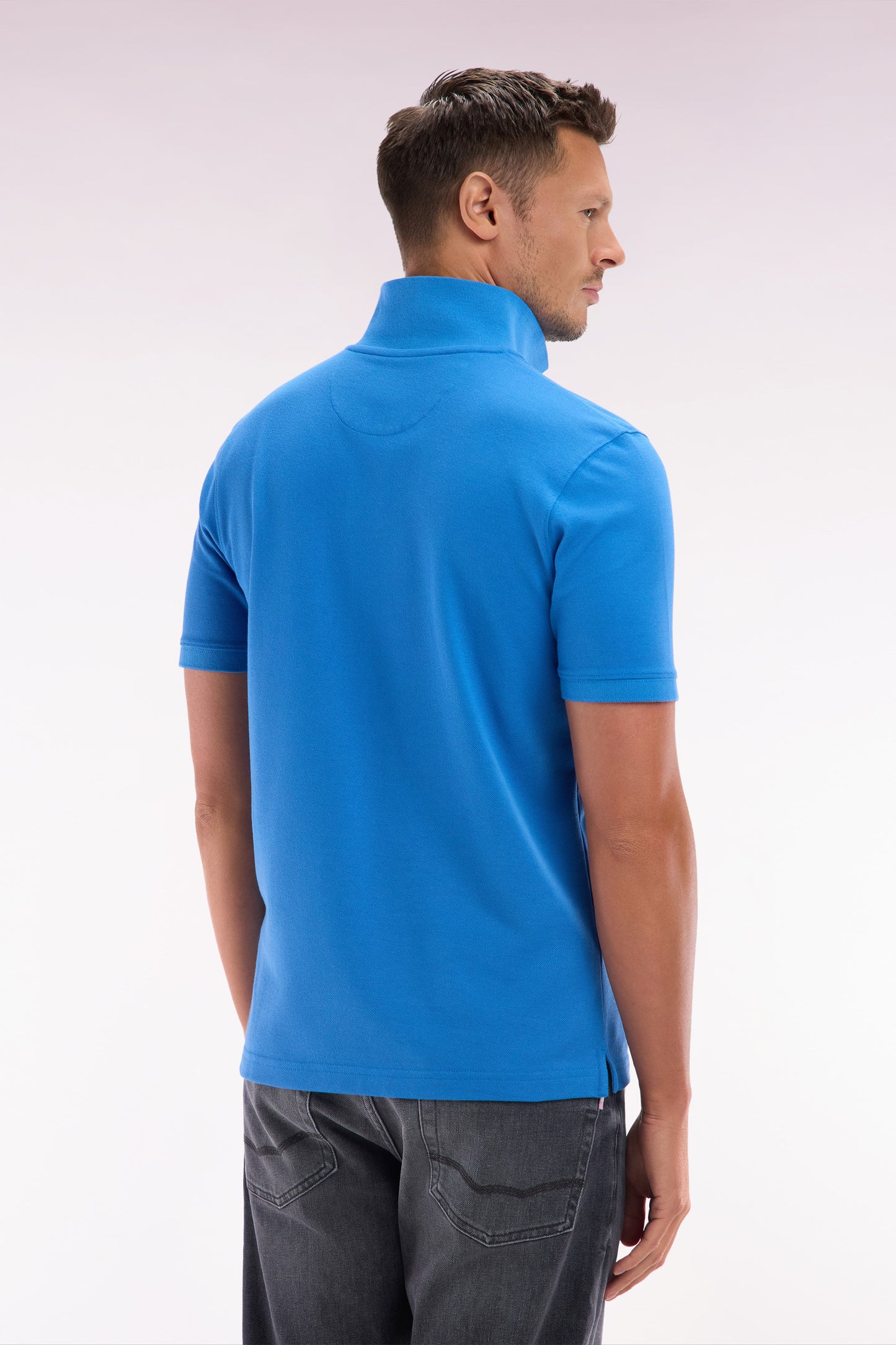 Straight-fit short-sleeved polo shirt in blue Pima cotton