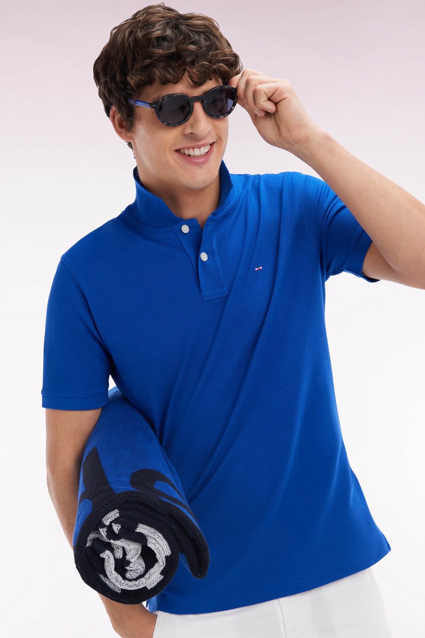 Straight-fit short-sleeved polo shirt in dark blue Pima cotton