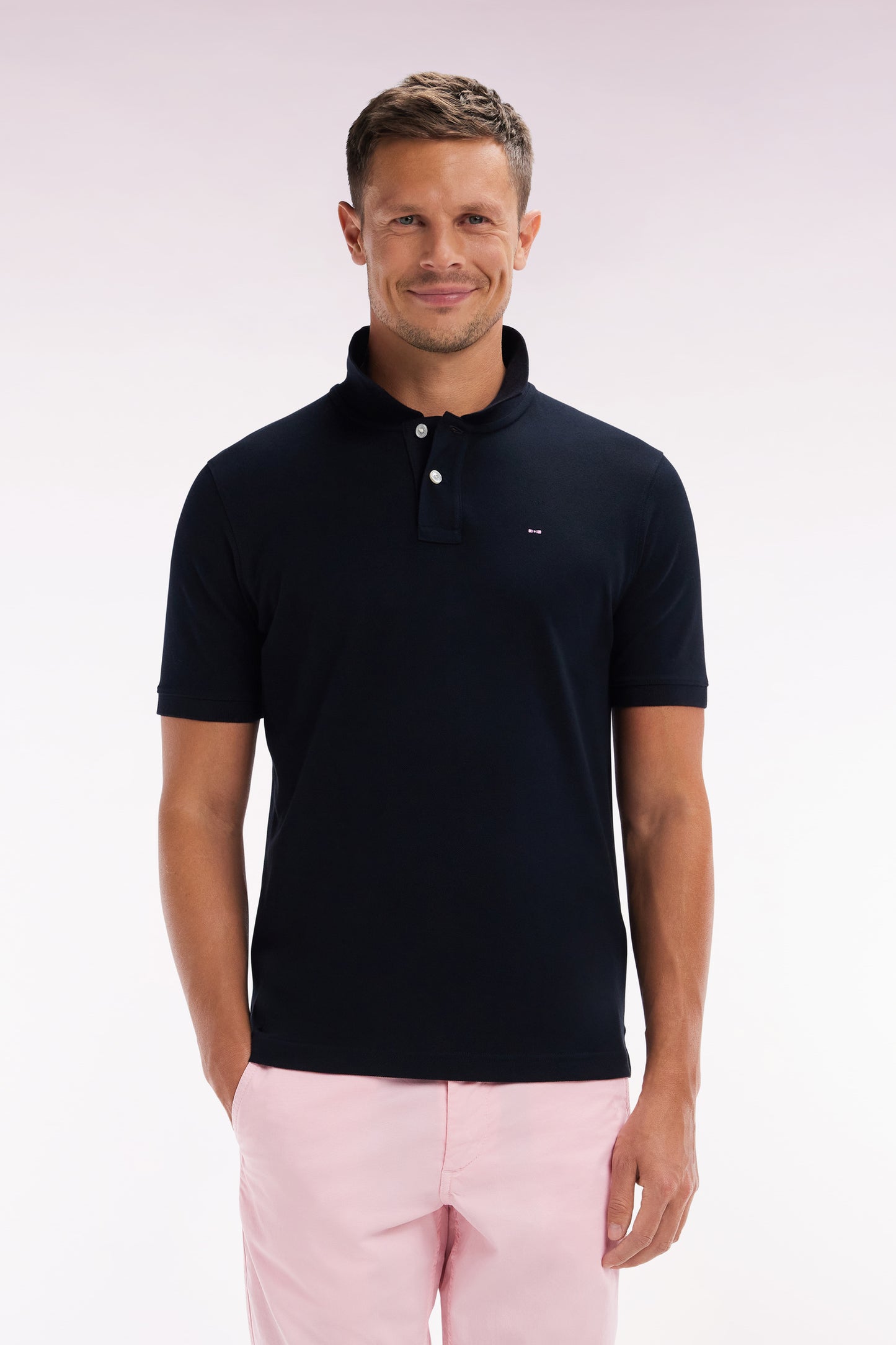 Straight-fit short-sleeved polo shirt in black Pima cotton