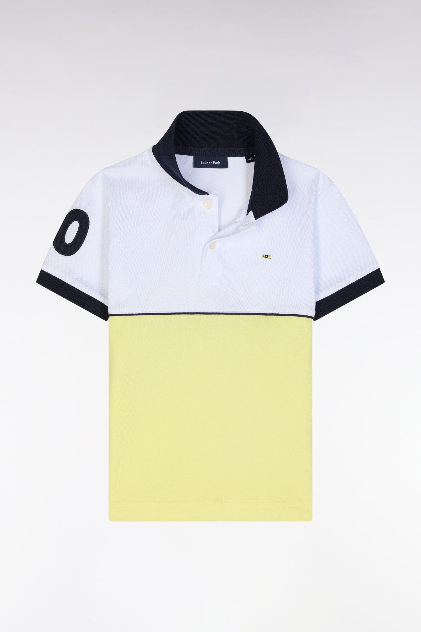 Straight-fit two-tone short-sleeved polo shirt in yellow cotton with number 10 embroidery