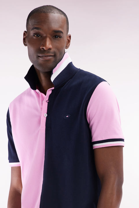 Straight-fit short-sleeved polo shirt in two-tone pink and navy cotton - Image 3