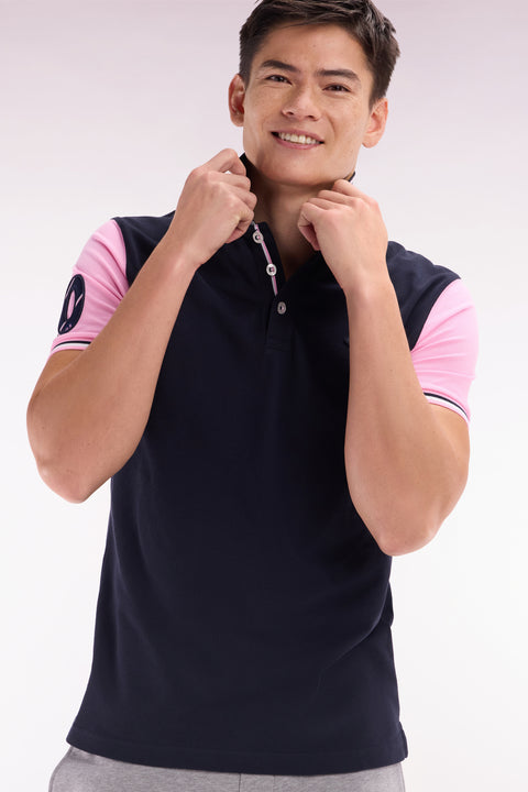 Straight-fit short-sleeved polo shirt in navy cotton piqué with 10 embroidery - Image 3
