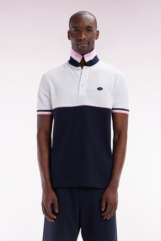 Straight-fit short-sleeved polo shirt in two-tone navy and white cotton piqué