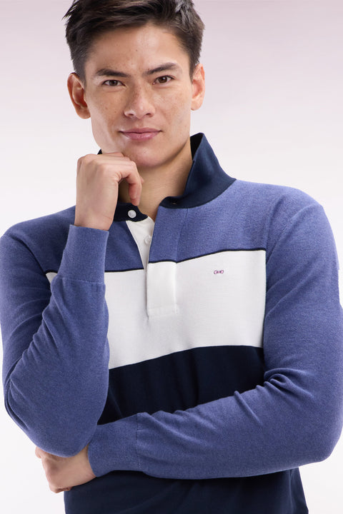 Straight-fit blue cotton jumper with a rugby-style collar - Image 3