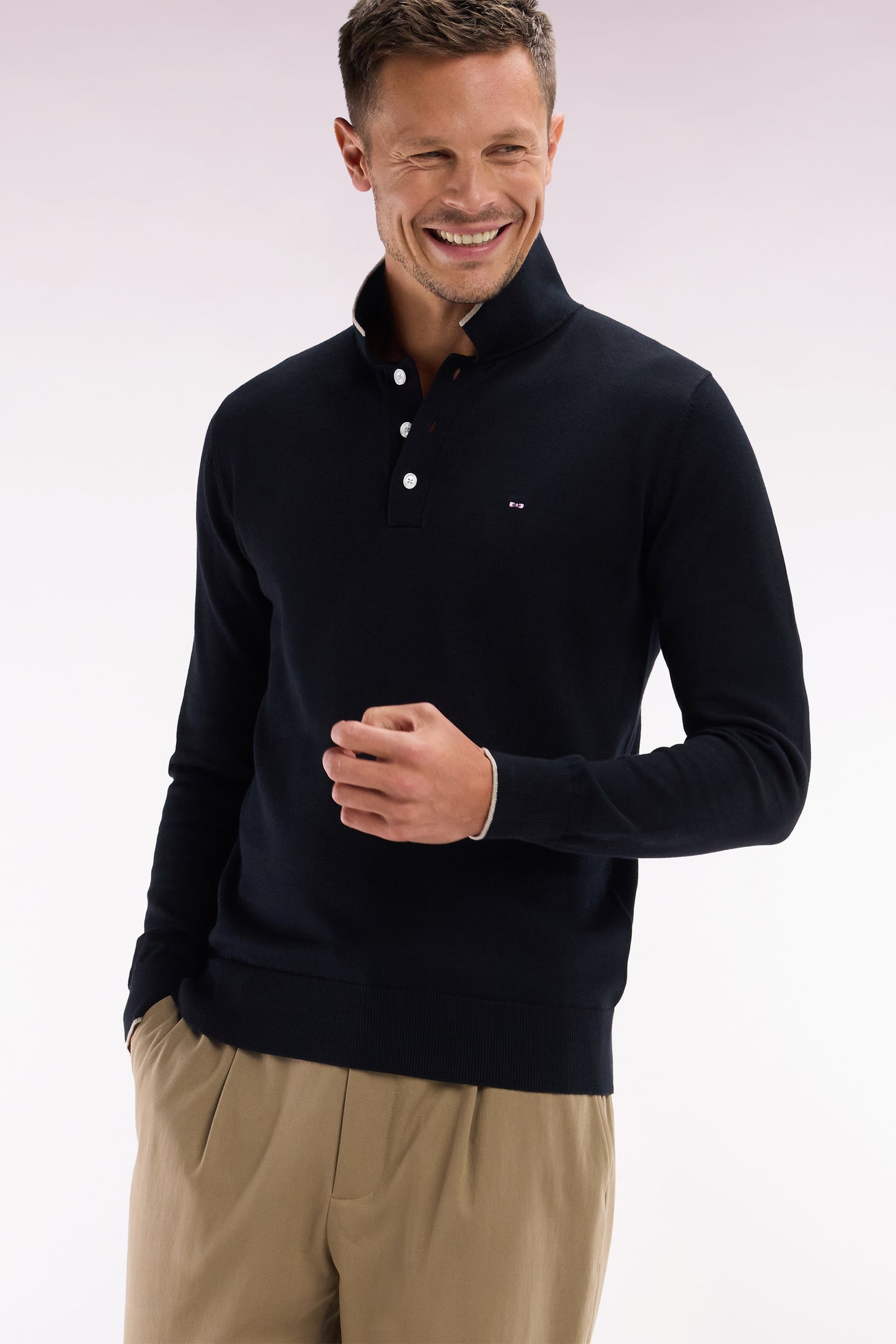 Straight-fit black and brown cotton jumper with a rugby-style collar