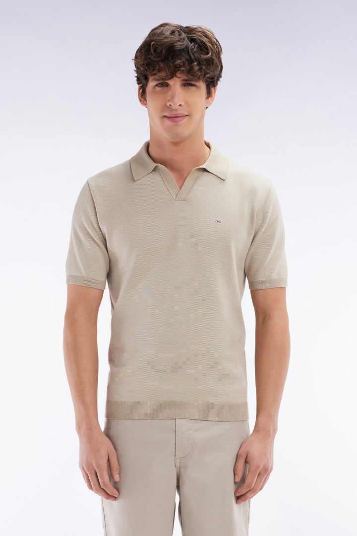 Pull col polo en coton beige coupe droite