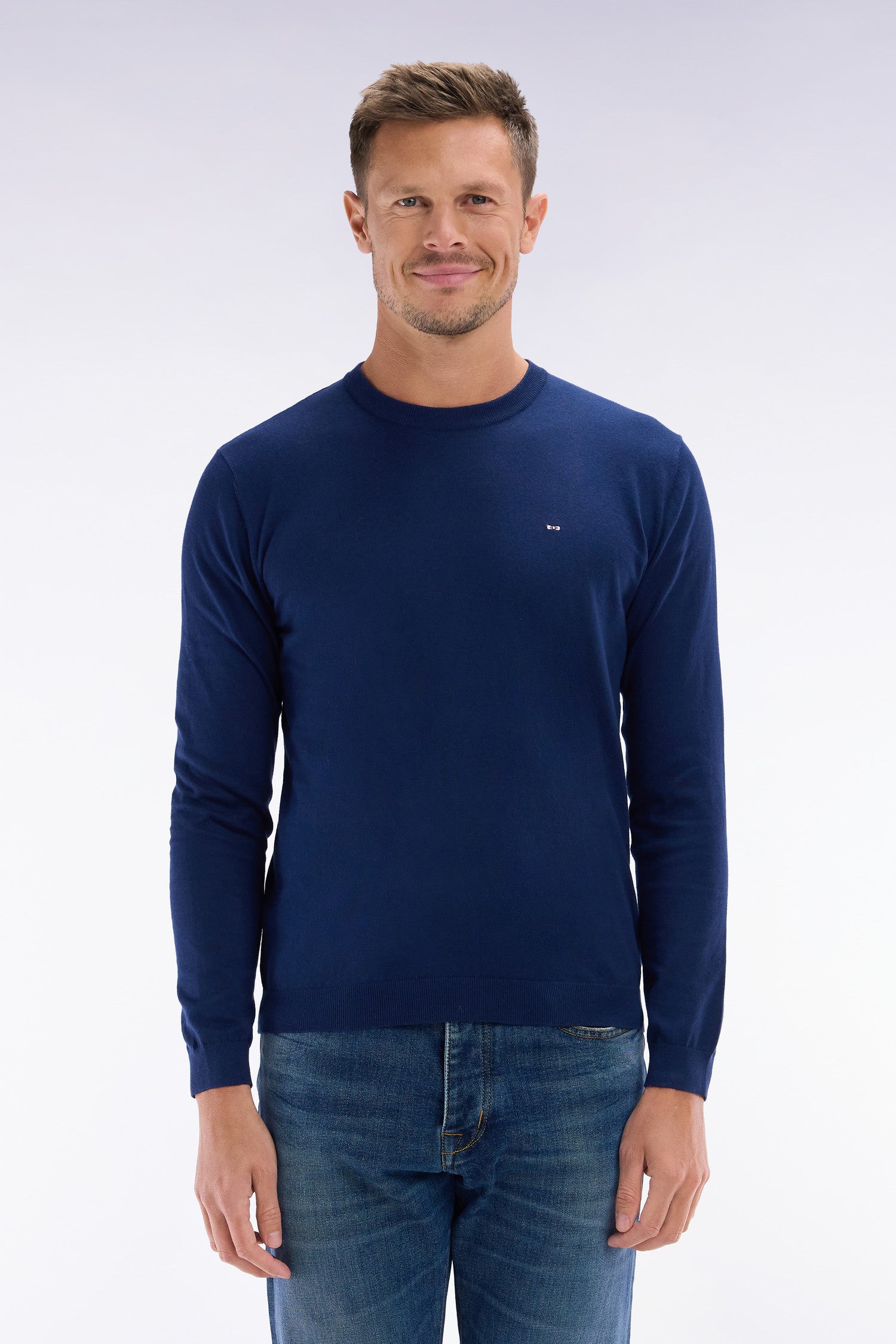 Pull col rond en coton et soie mélangés marine coupe droite