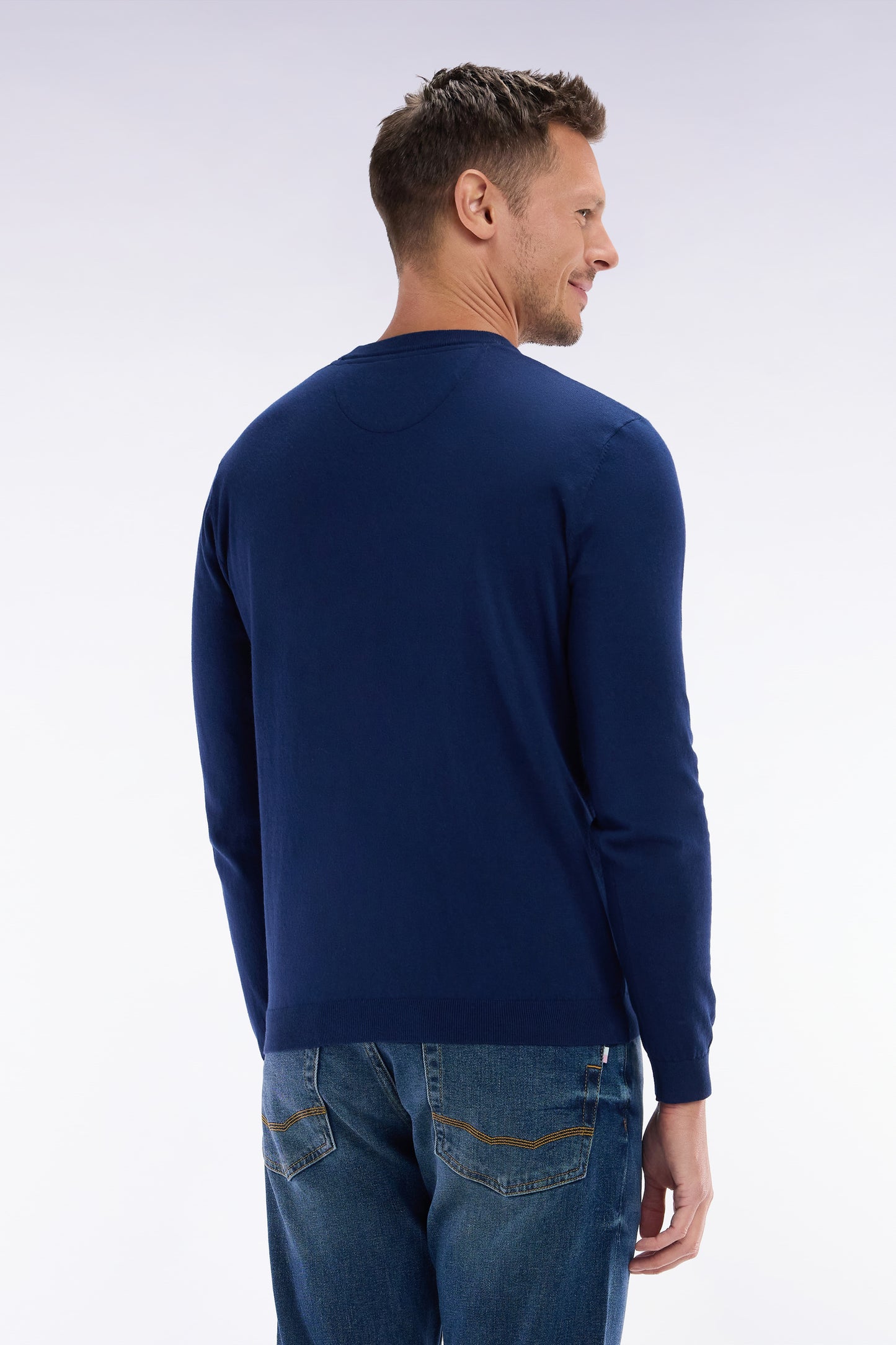 Pull col rond en coton et soie mélangés marine coupe droite