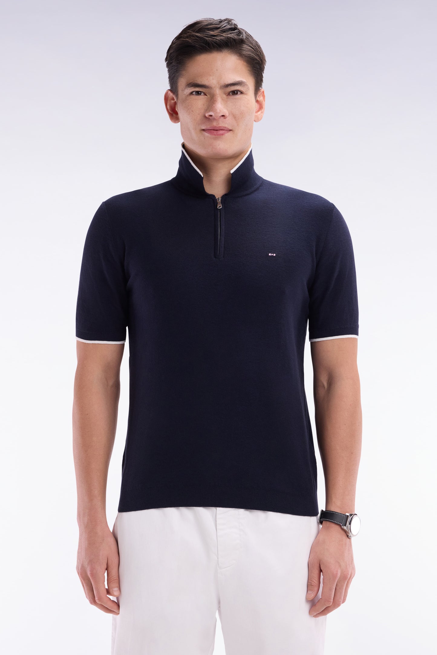 Straight-fit navy polo neck jumper in organic cotton and cashmere blend