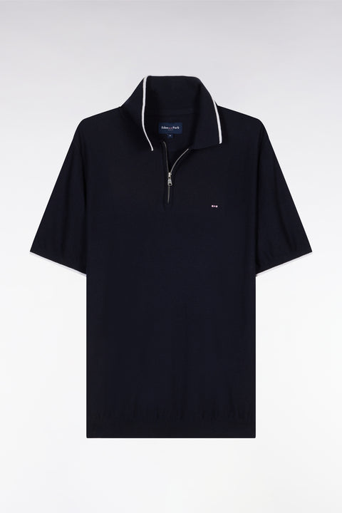 Straight-fit navy polo neck jumper in organic cotton and cashmere blend - Image 2