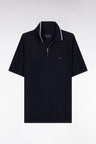 Straight-fit navy polo neck jumper in organic cotton and cashmere blend